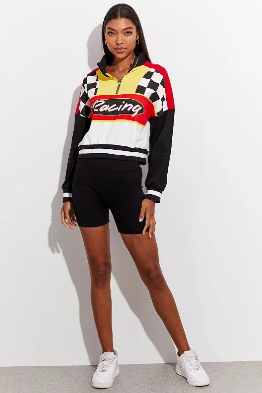 Red Sweater Racing Long Sleeve Half Zip Check Chenille Brocade Lace