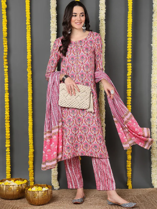 Pink Cotton Blend Ethnic Motifs Printed Straight Kurta Trouser With Dupatta Trousers Office Stylish