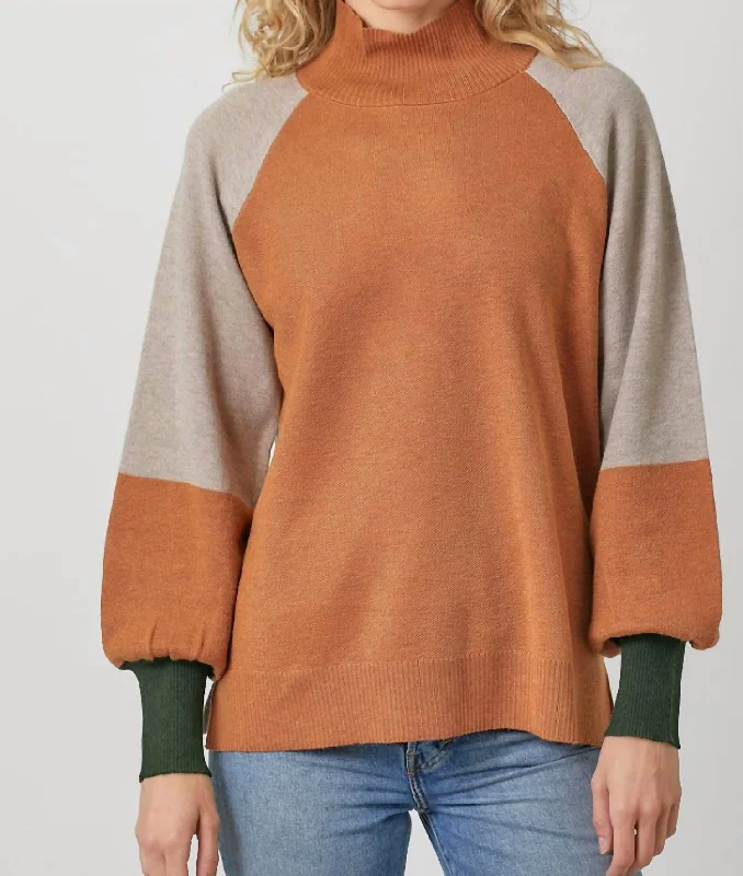 Color Blocked Sweater In Rust/toffee Zippered Buttoned Snapped