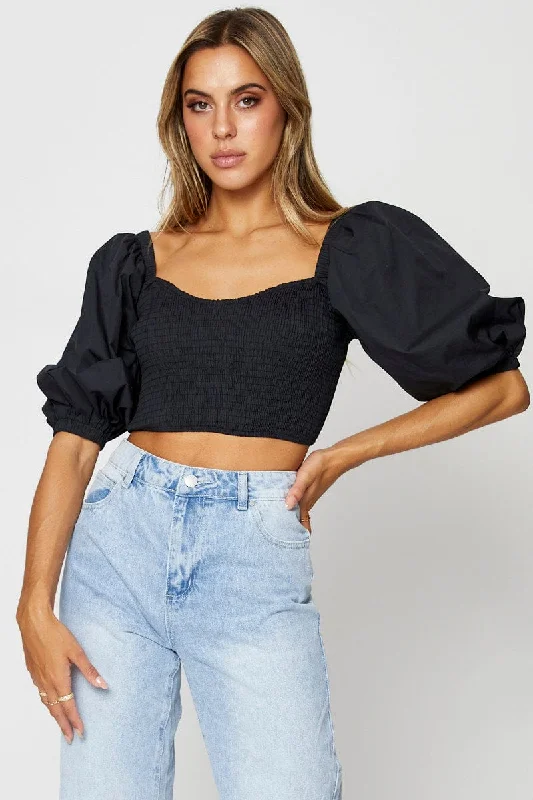 Black Crop Top Short Sleeve Zippered Buttoned Snapped