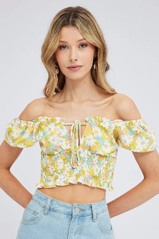 Print Crop Top Short Sleeve Front Pockets Side Pockets Patch Pockets