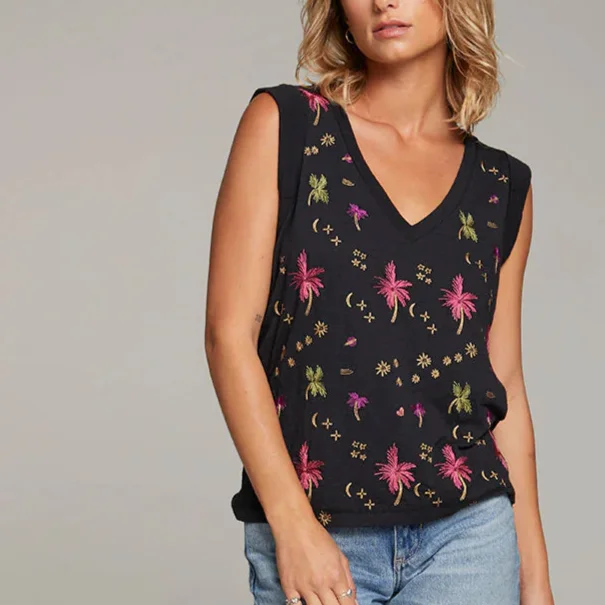 Night Palm Embroidered Tank white tank top