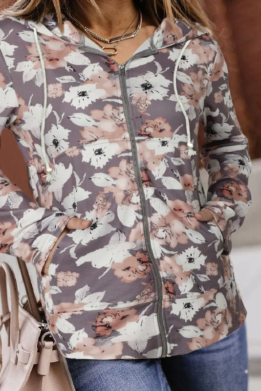 Gray Vintage Floral Print Pocketed Full Zip Hoodie Hoodie with Bell Sleeves Flared Feminine
