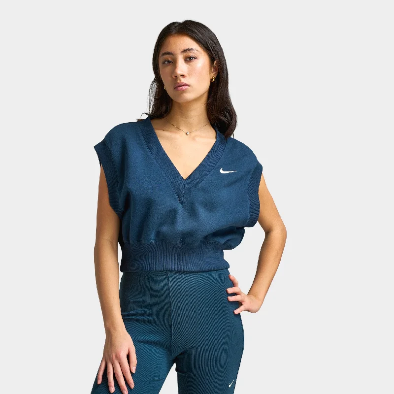 Nike Women's Phoenix Fleece Sleeveless V-Neck Crop Top Armory Navy / Sail Hooded Caped Shawl Collar