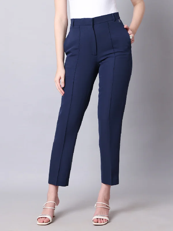 Navy Blue Blended Timeless Threads Straight Fit Trousers Trousers Bestseller Popular