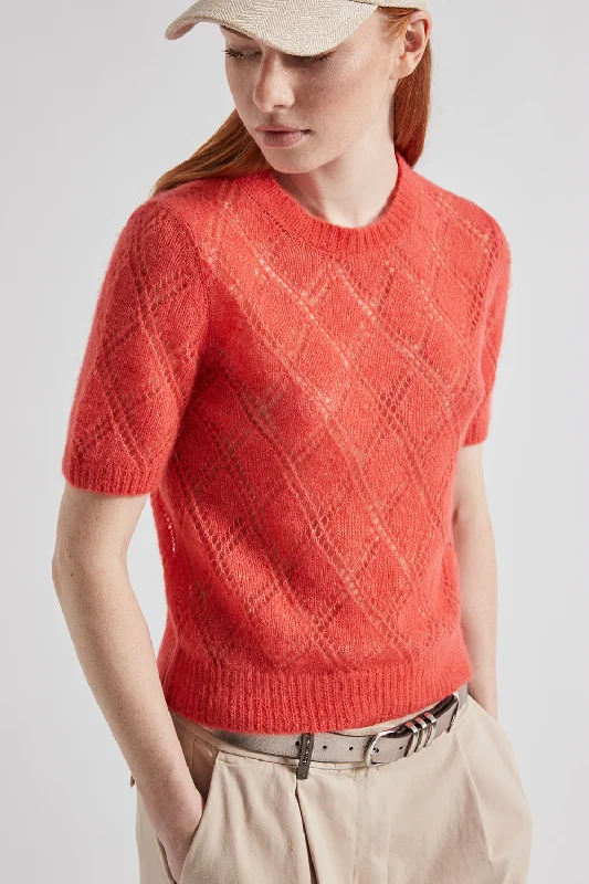 Merino wool and alpaca lace pattern short-sleeved sweater Solid Color Striped Floral Print