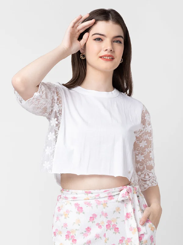 Spykar Women White Cotton Plain Crop Top Anti-Pilling Machine Wash Handmade