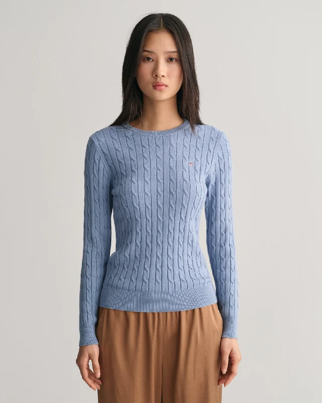 Stretch Cotton Cable Knit Crew Neck Sweater - Blue Water Terry Blend Velvet Blend Canvas Blend