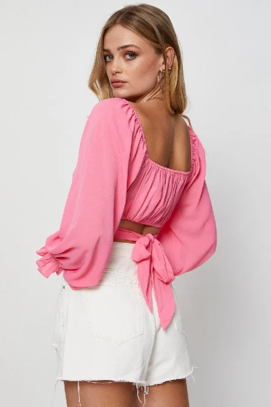 Pink Crop Top Long Sleeve Iron Safe Non-Iron Wrinkle Free