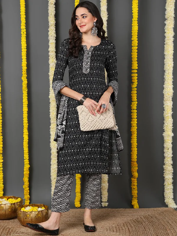 Black Cotton Blend Geometric Printed Straight Kurta Trouser With Dupatta Trousers Evening Elegant