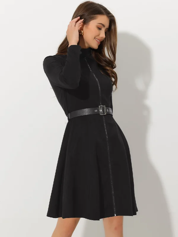 Faux Suede Stand Collar Zip Up Belted Vintage Dress Off-the-shoulder Chic Trendy