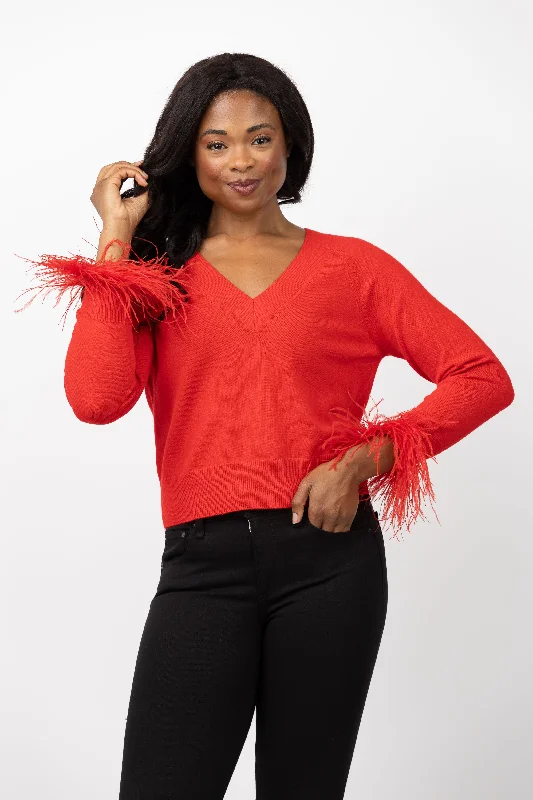 Milly Feather Cuff V-Neck Sweater in Red Embroidered Appliqued Beaded