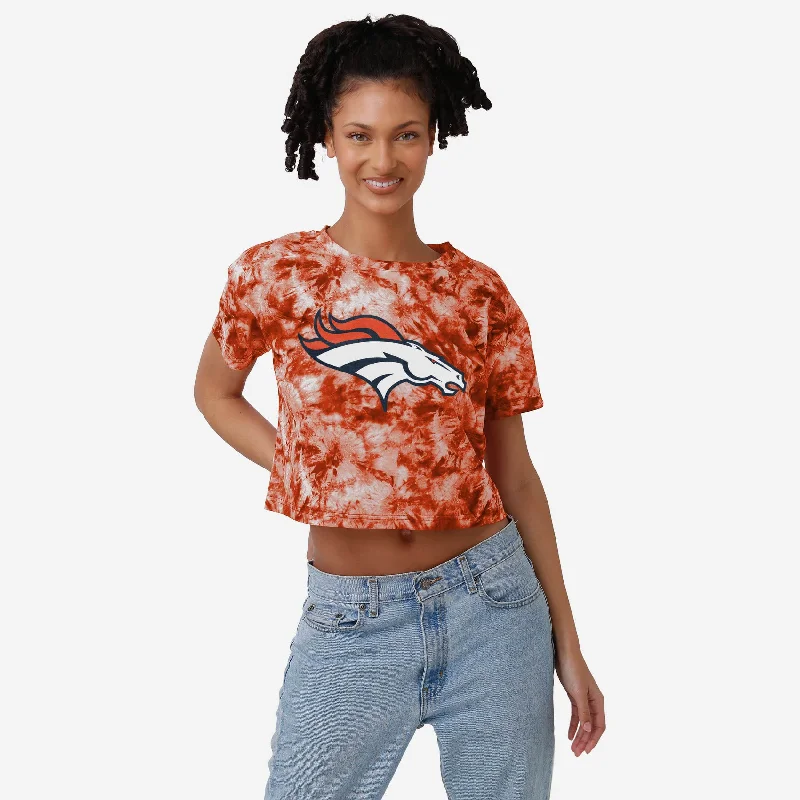 Denver Broncos Womens Tie-Dye Big Logo Crop Top Collared Crew Neck Turtle Neck