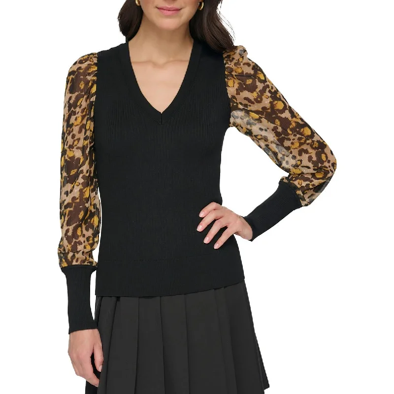 Womens Chiffon Trim Metallic V-Neck Sweater Solid Color Striped Floral Print