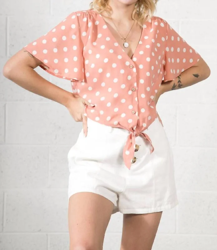 Polka Dot Tie Knot Crop Top In Blush Collared Crew Neck Turtle Neck