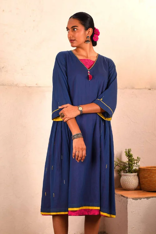 Rangsutra Saheli Double Layer Hand Embroidered Blue Mulmul Cotton Kurta Dress With Printed Pink Slip Tunics Bestseller popular