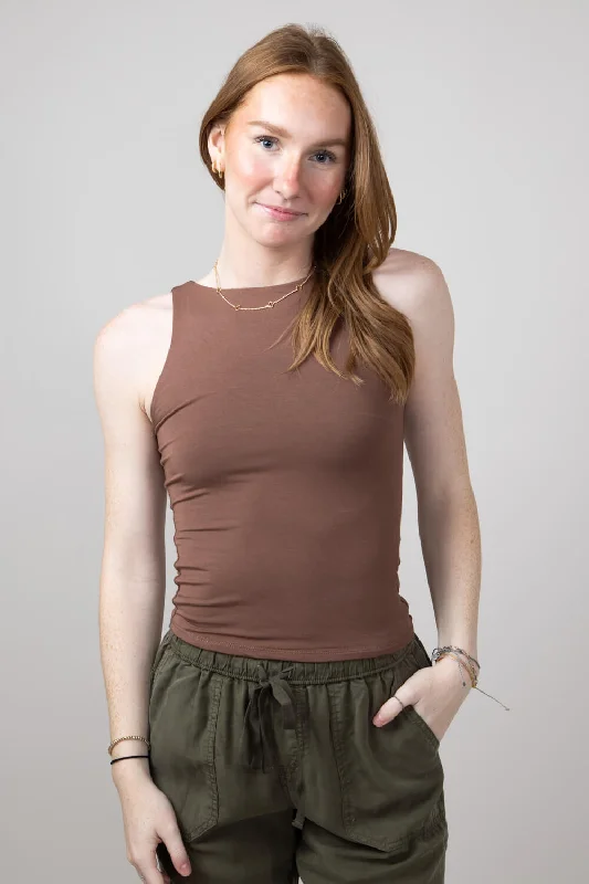 Basic Slim High Neck Stretch Basic Tank Top for Women in Milk Chocolate Brown | 18783-MILKCHOCOLATE low neck tank