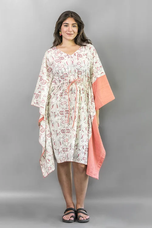 Moralfibre Natural Peach Floral Printed Kaftan Dress Tunics Canvas sturdy