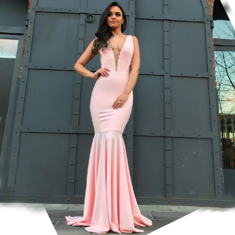 Pink Sexy Mermaid Deep V-neck Backless Prom Dresses, FC2343 Turtleneck Neckline Stylish Pink Sexy Mermaid Deep V-neck Backless Prom Dresses, FC2343 Turtleneck Neckline Stylish