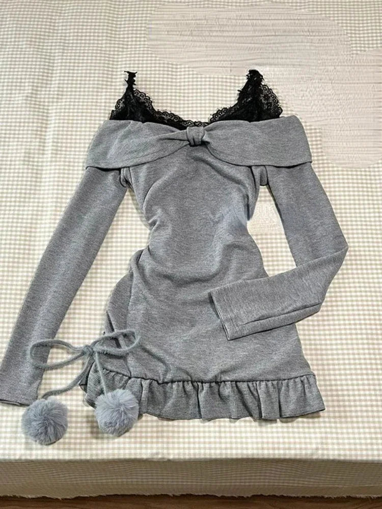 Advbridge Sweet Sexy Lace Patchwork Black Camisole Dress for Women+ Long Sleeve Slim Fit Y2k Crop Tops Autumn New Two Piece Sets Outfits Print Jacquard Patchwork
