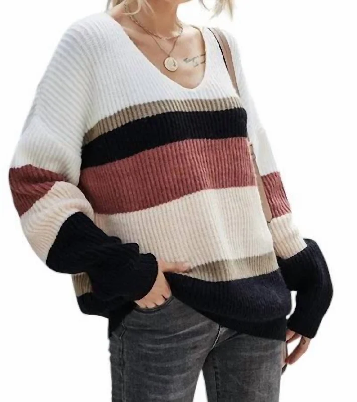 Harriet Striped V-Neck Sweater In Black Multi Rayon Fabric Velvet Fabric Corduroy Fabric