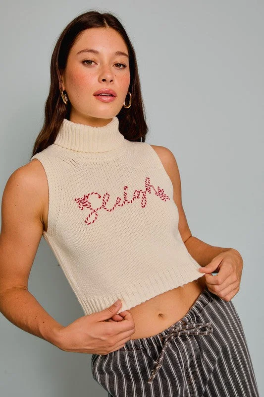 Sleigh All Day Turtleneck Cropped Sweater Mesh Fabric Canvas Fabric Denim Fabric