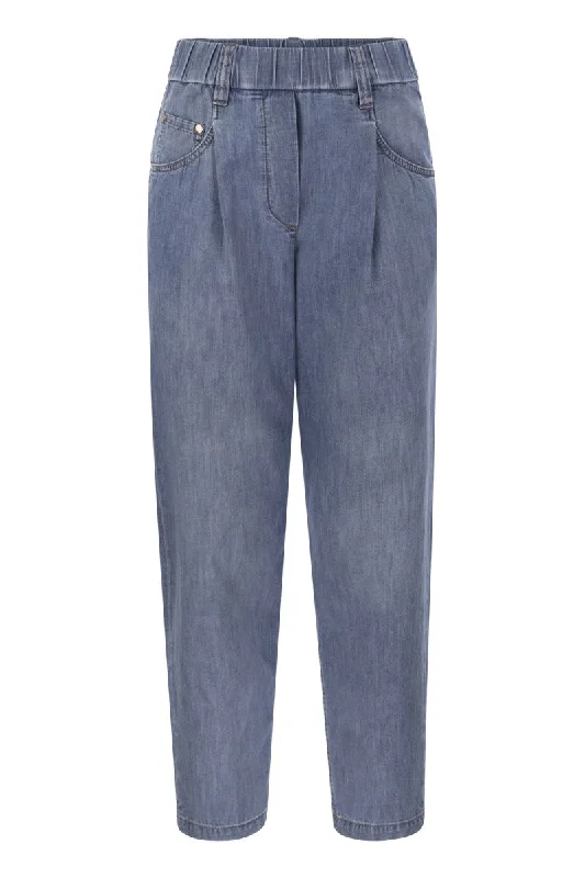 Lightweight denim baggy trousers with Shiny Tab Trousers Seasonal Trendy