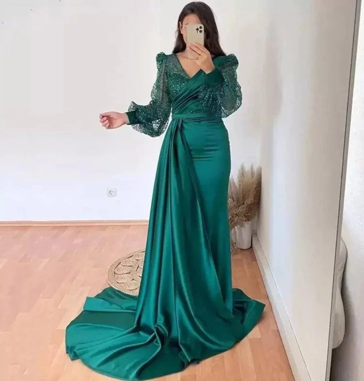 Teal Evening Dresses A-line V-neck Long Sleeves Satin Sequins Long Turkey Dubai Saudi Arabic Evening Gown Prom Dresses Tunics Sophisticated sleek Teal Evening Dresses A-line V-neck Long Sleeves Satin Sequins Long Turkey Dubai Saudi Arabic Evening Gown Prom Dresses Tunics Sophisticated sleek