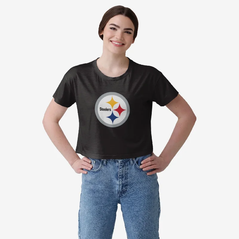 Pittsburgh Steelers Womens Solid Big Logo Crop Top Elasticated Padded Insulated