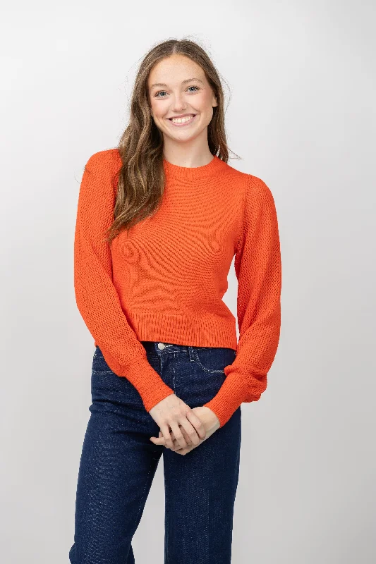 Lilla P Pointelle Sleeve Crewneck Sweater in Persimmon Seamless Knitted Crochet