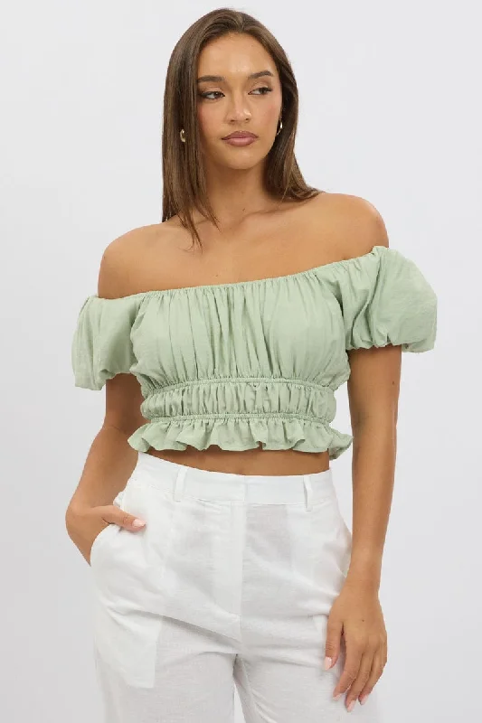 Green Ruffle Crop Top Puff Sleeve Front Pockets Side Pockets Patch Pockets