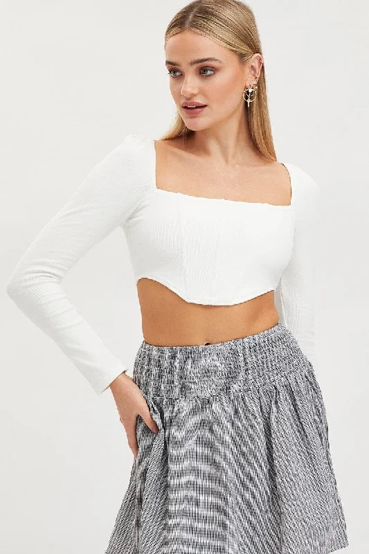 White Corset Crop Top Long Sleeve Anti-Shrink Durable Soft