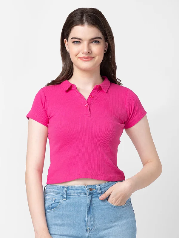 Spykar Women Fuschia Pink Cotton Printed Crop Top Machine Wash Dry Clean Hand Wash