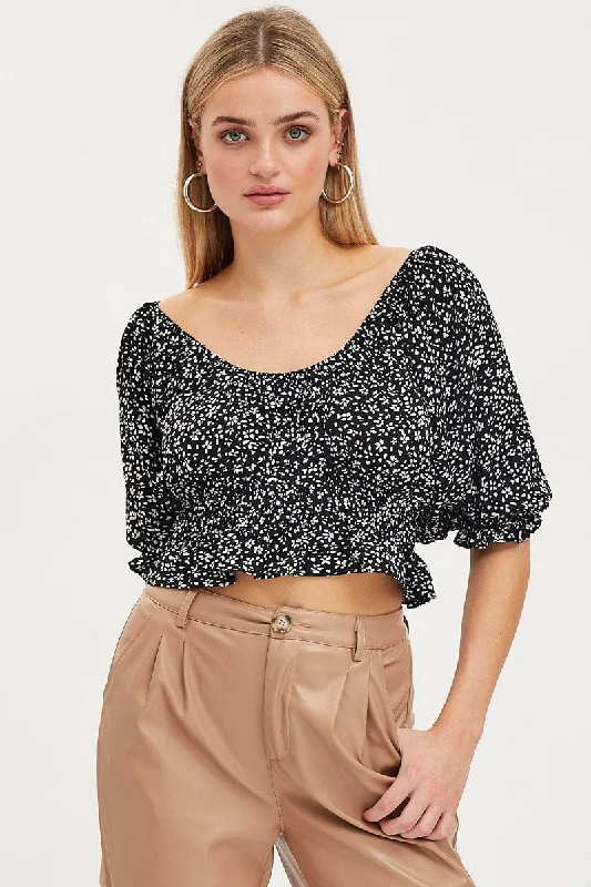 Print Crop Top Short Sleeve Seamless Knitted Crochet