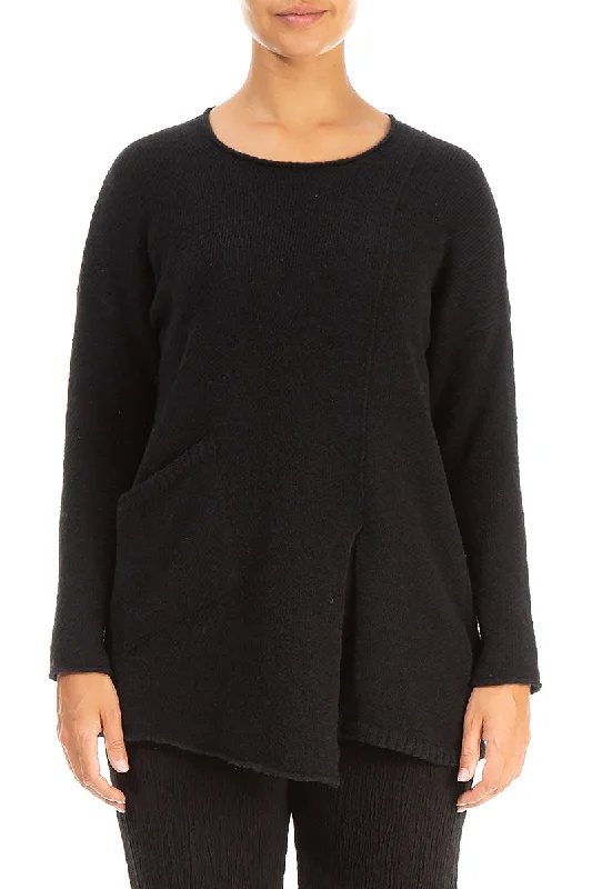 Side Split Black Wool Sweater High Neck Crew Neck V-Neck