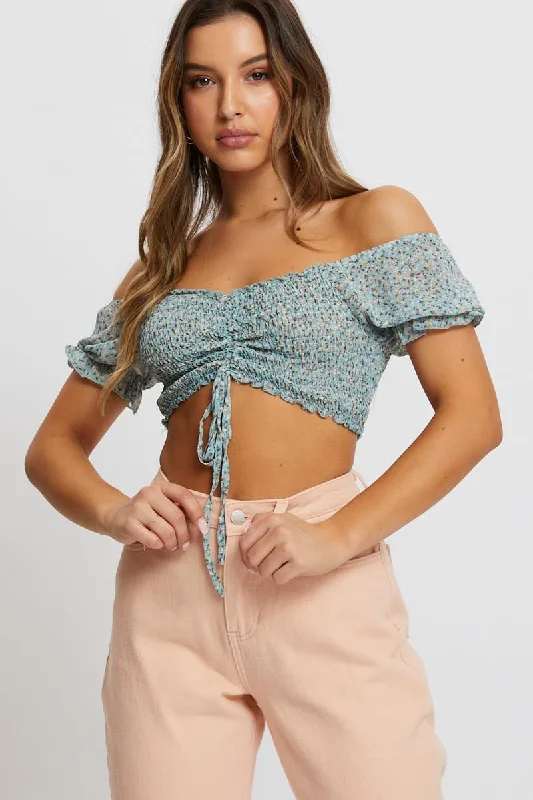 Print Rouching Crop Top Elegant Classic Vintage