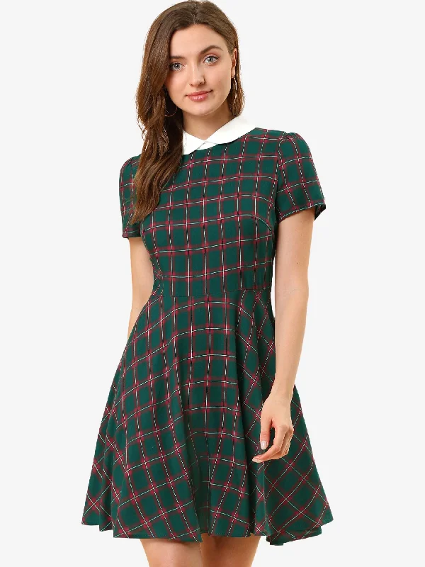 Plaid Grid Peter Pan Collar Contrast Short Sleeve A-line Dress Tunics Sophisticated sleek