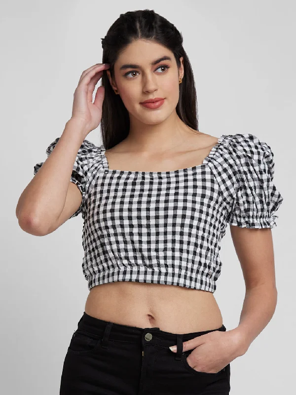 Spykar Women Black Lycra Slim Fit Checkred Crop Top Crop Top Seamless Stretchy