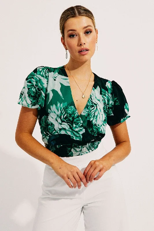 Floral Print Short Sleeve Floral Print V-Neck Crop Top Terry Blend Velvet Blend Canvas Blend