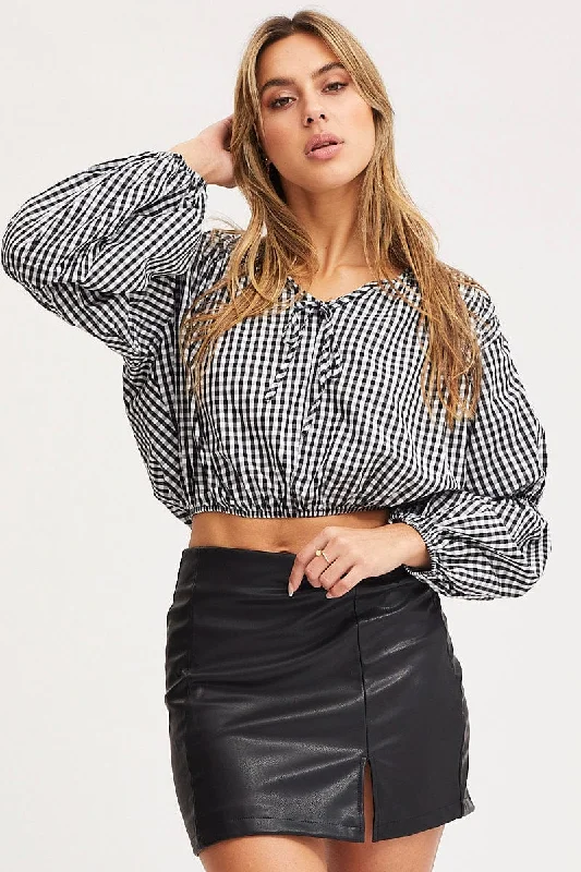 Check Crop Top Long Sleeve Beaded Sequined Faux Fur