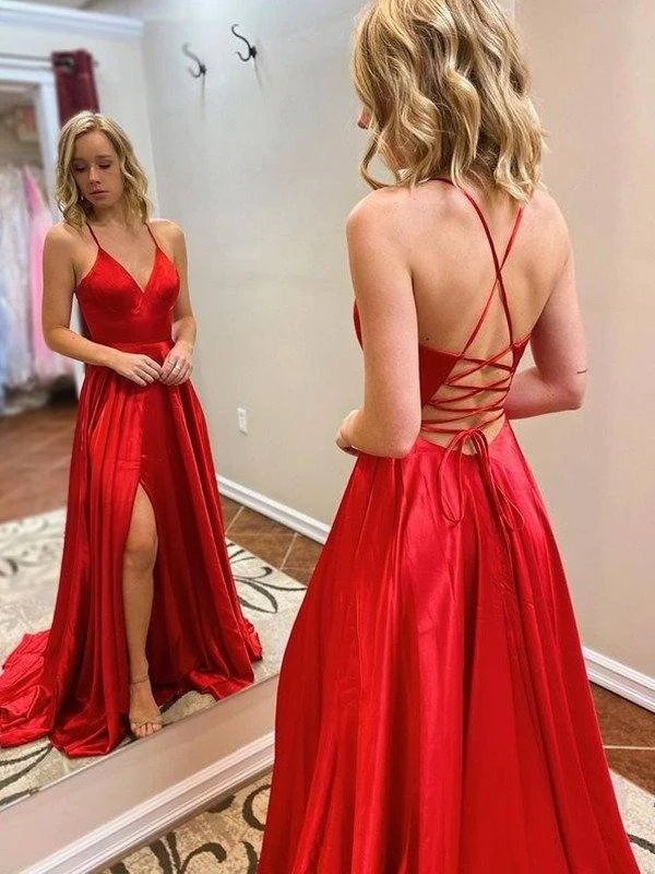 A-Line/Princess Sweep/Brush Train V-neck Sleeveless Elastic Woven Satin Ruffles Dresses Tunics Party sparkling