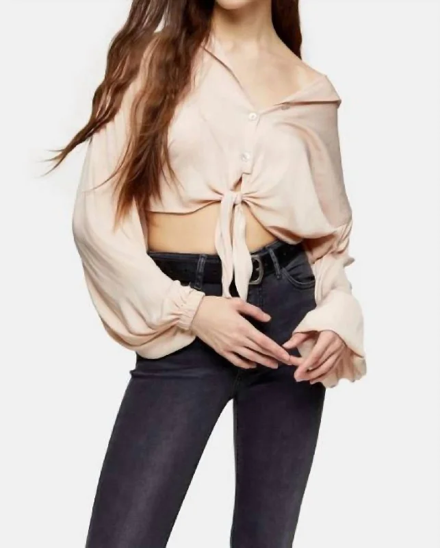 Blush V Neck Front Tie Crop Top In Beige Print Jacquard Patchwork