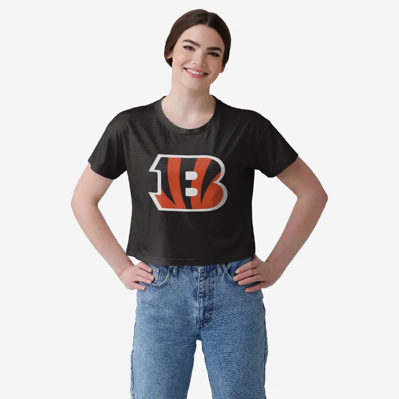 Cincinnati Bengals Womens Solid Big Logo Crop Top Faux Fur Fabric Real Fur Fabric Shearling Fabric