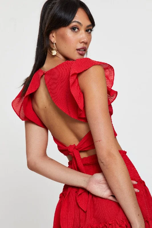Red Crop Top Short Sleeve Handmade Hand-knitted Hand-woven