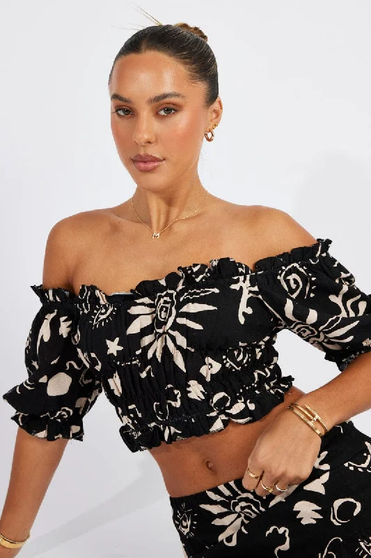 Black Abstract Crop Top Short Sleeve Linen Hooded Caped Shawl Collar