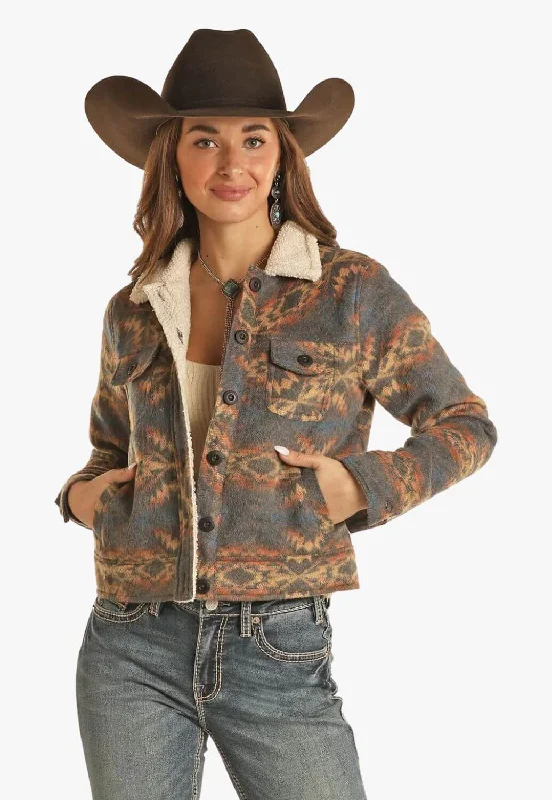 Rock and Roll Womens Aztec Sherpa Jacket Rayon Fabric Velvet Fabric Corduroy Fabric