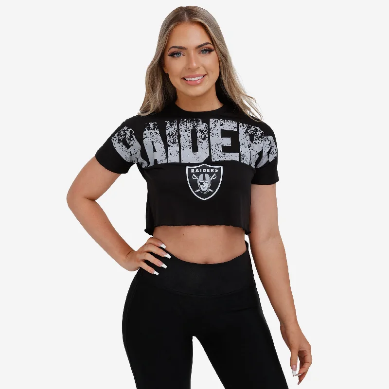 Las Vegas Raiders Womens Distressed Wordmark Crop Top Front Pockets Side Pockets Patch Pockets