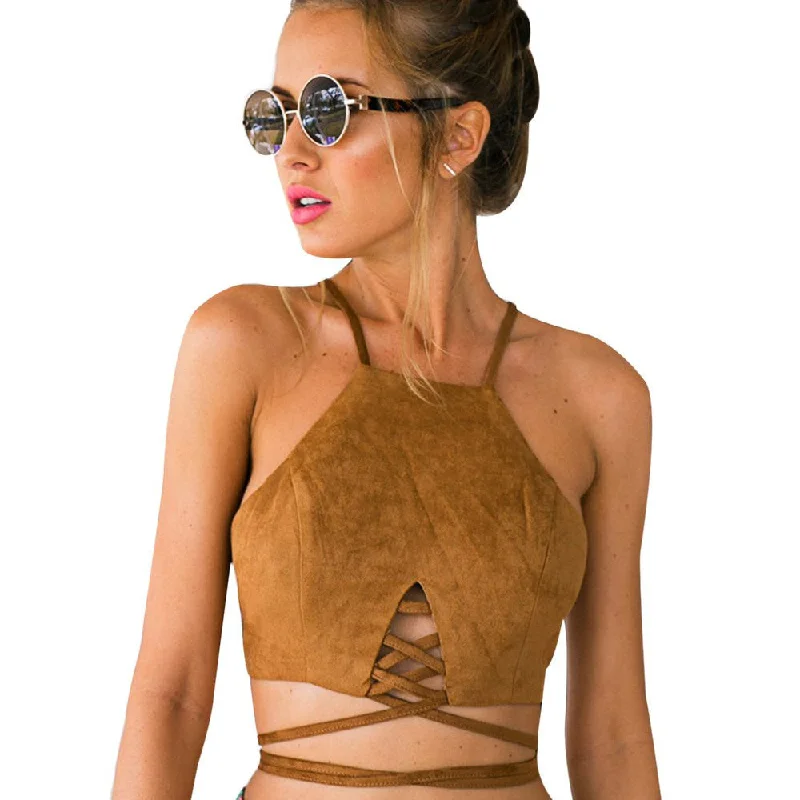 Summer Vintage Brown Faux Leather Suede Cropped Tank Top Sexy Lace Up Camis Women Tops Slim Cami Party Crop Top Fall Vest 70's Mesh Blend Leather Blend Suede Blend