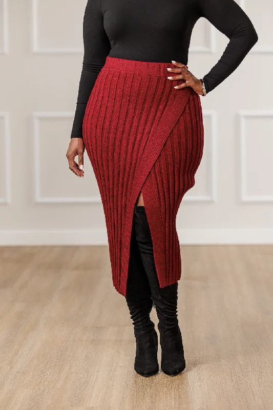 Nicole Sweater Knit Pencil Skirt - Red Denim Fabric Leather Fabric Suede Fabric