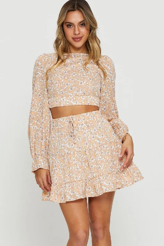 Print Crop Top Long Sleeve Front Pockets Side Pockets Patch Pockets